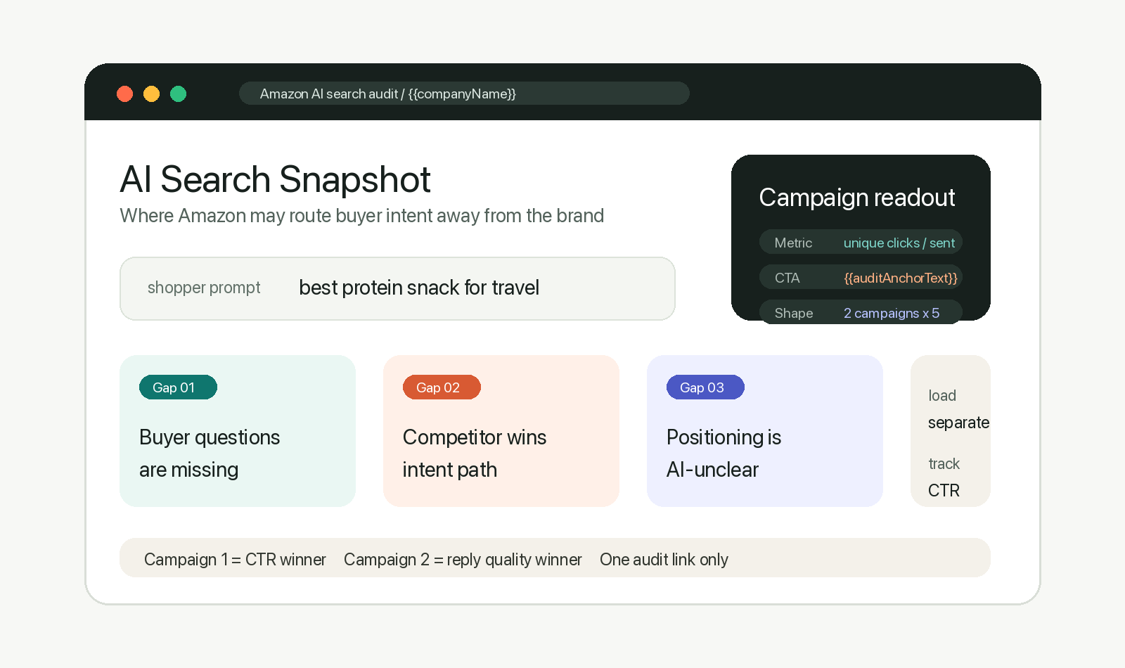 Preview of an Amazon AI search audit readout with campaign metrics